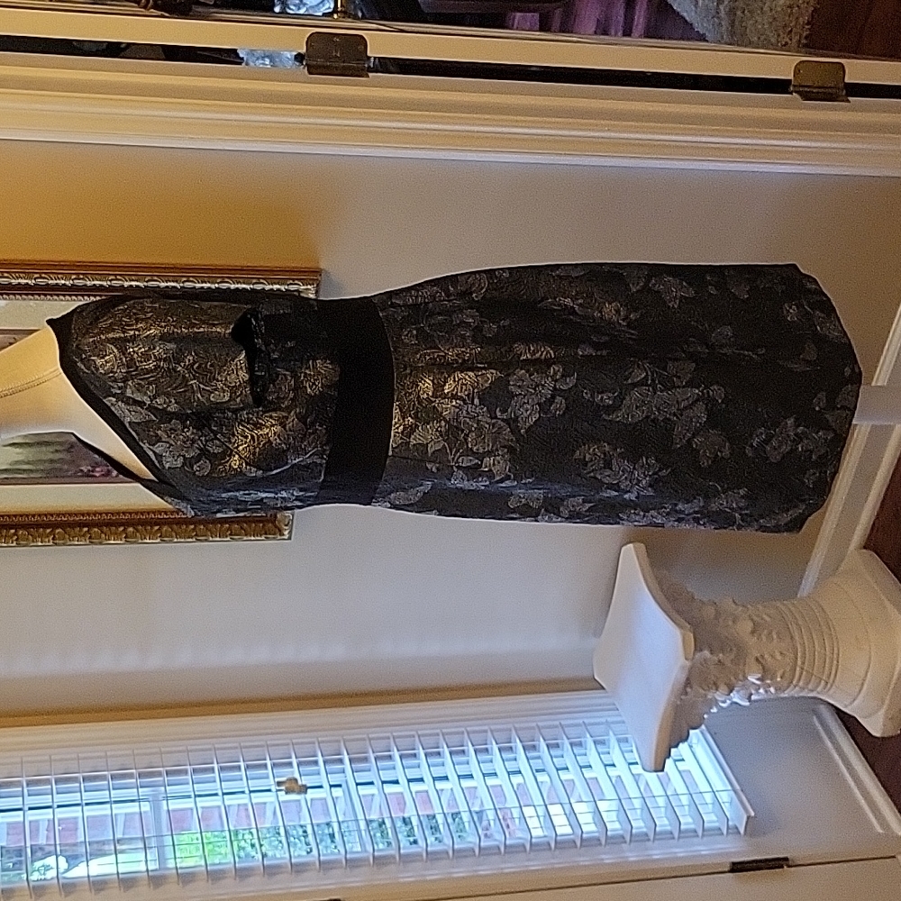 Black & Pewter metallic silver floral short sleeve vneck dress empire sz 14 EUC… - Picture 3 of 7